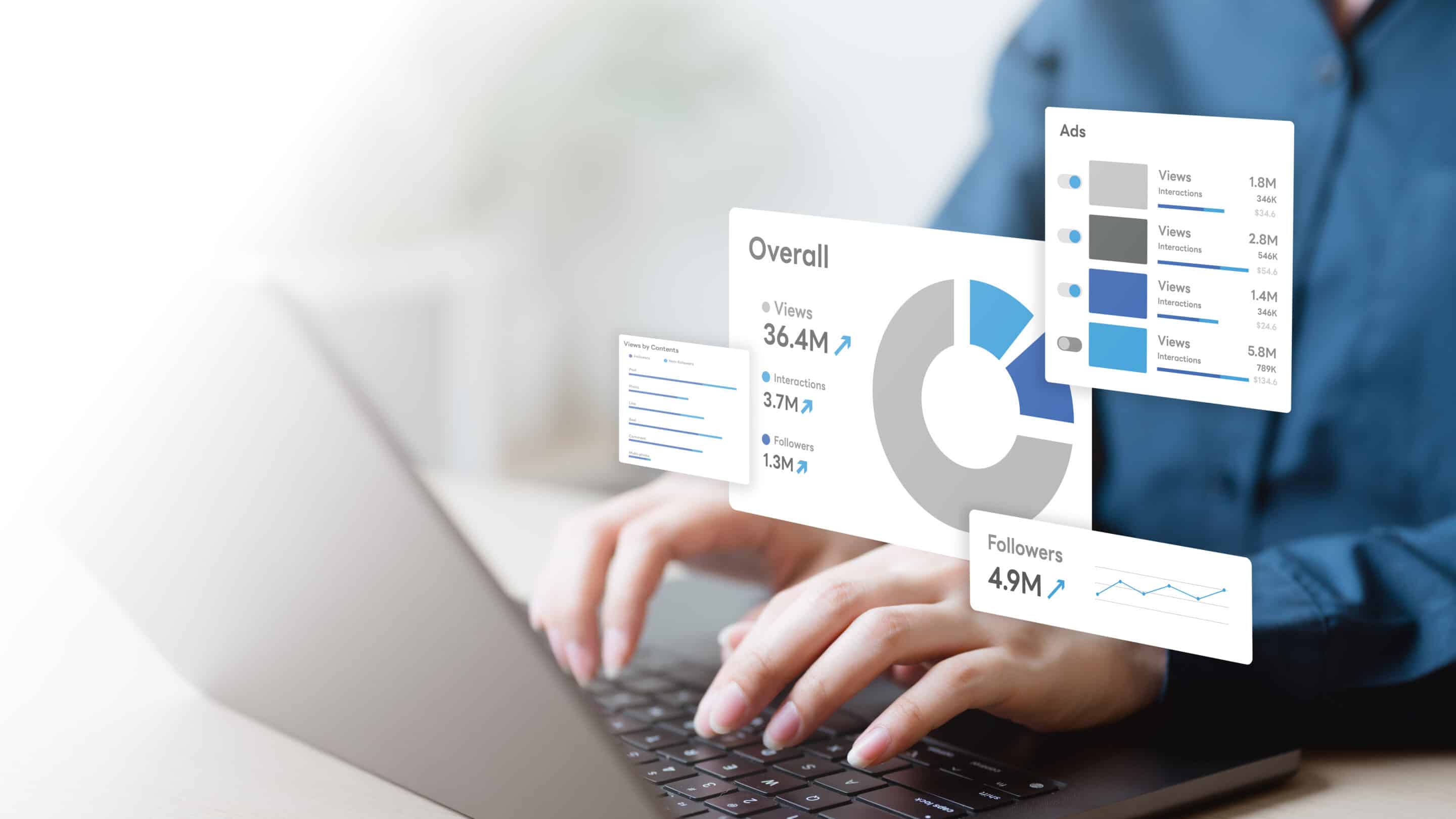 campaign, roas, ads, spend, return, clicks, hands typing on laptop with digital campaign analytics dashboard showing roas, ad spend, clicks, impressions, and performance report for online marketing.